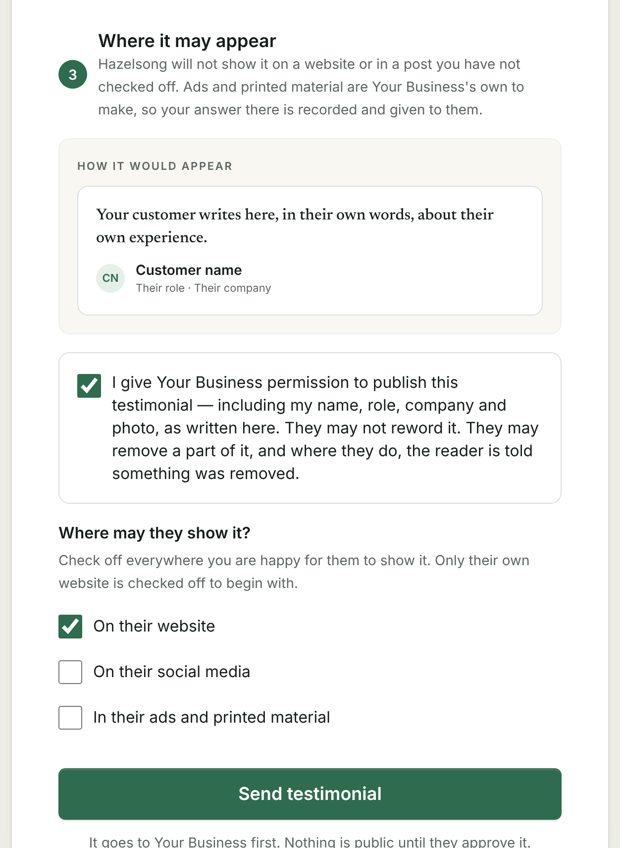 The last part of the collection page: a preview of the card as it would appear, the permission sentence the customer checks off, and the three places they may allow — their website, their social media, their ads and printed material — above the Send testimonial button.