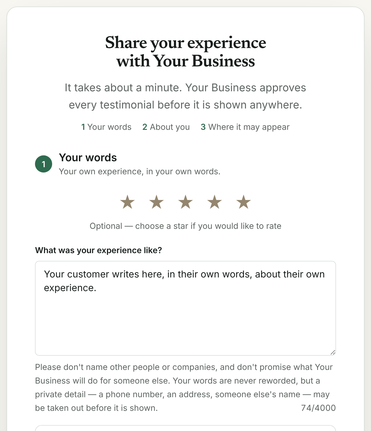 The Hazelsong collection page: a heading asking the customer to share their experience, the three parts of the form, a row of five stars with none of them chosen, and the box for their words with a note on what to write.